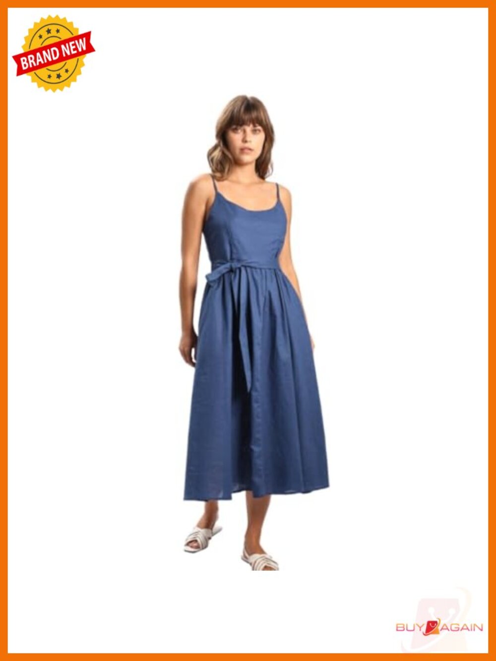 Women's Linen Cotton Spaghetti Strap Smocked Midi Dress with Belt